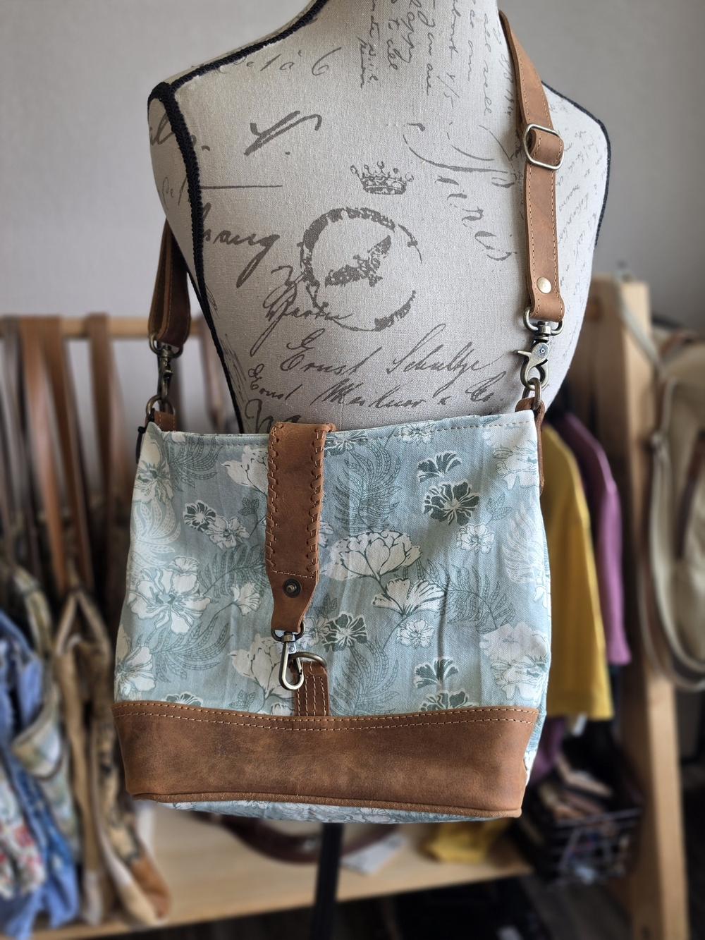 Canvas Floral Bucket Bag with Leather Trim - Blue